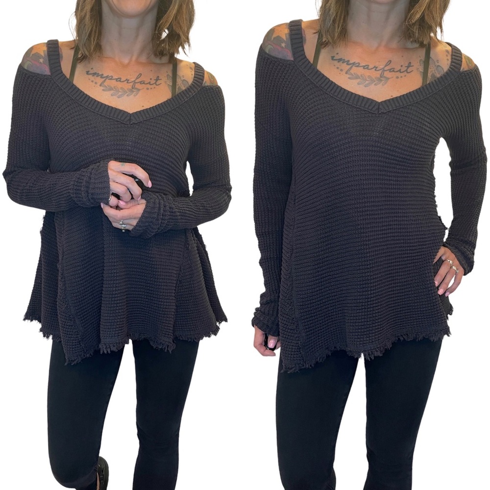 Free People Charcoal Cold Shoulder Pullover Oversized Distressed Raw Hem Sweater
